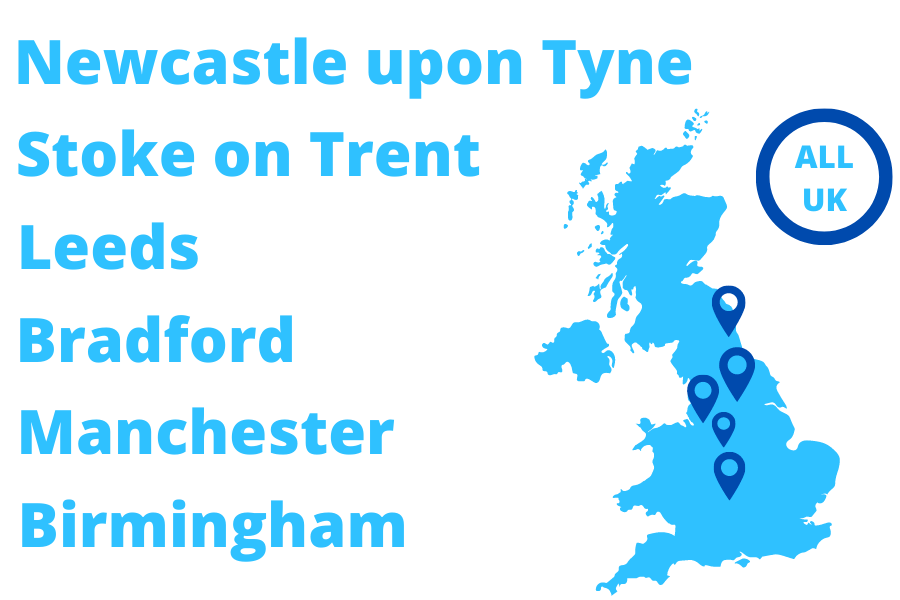 Guaranteed Rent locations, Newcastle, Stoke on Trent, Leeds, Bradford, Manchester and Birmingham